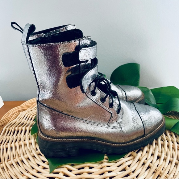 Shellys London Tyra Silver Metallic Crinkled leather Combat Boots Buckle Size 36 - Picture 4 of 16